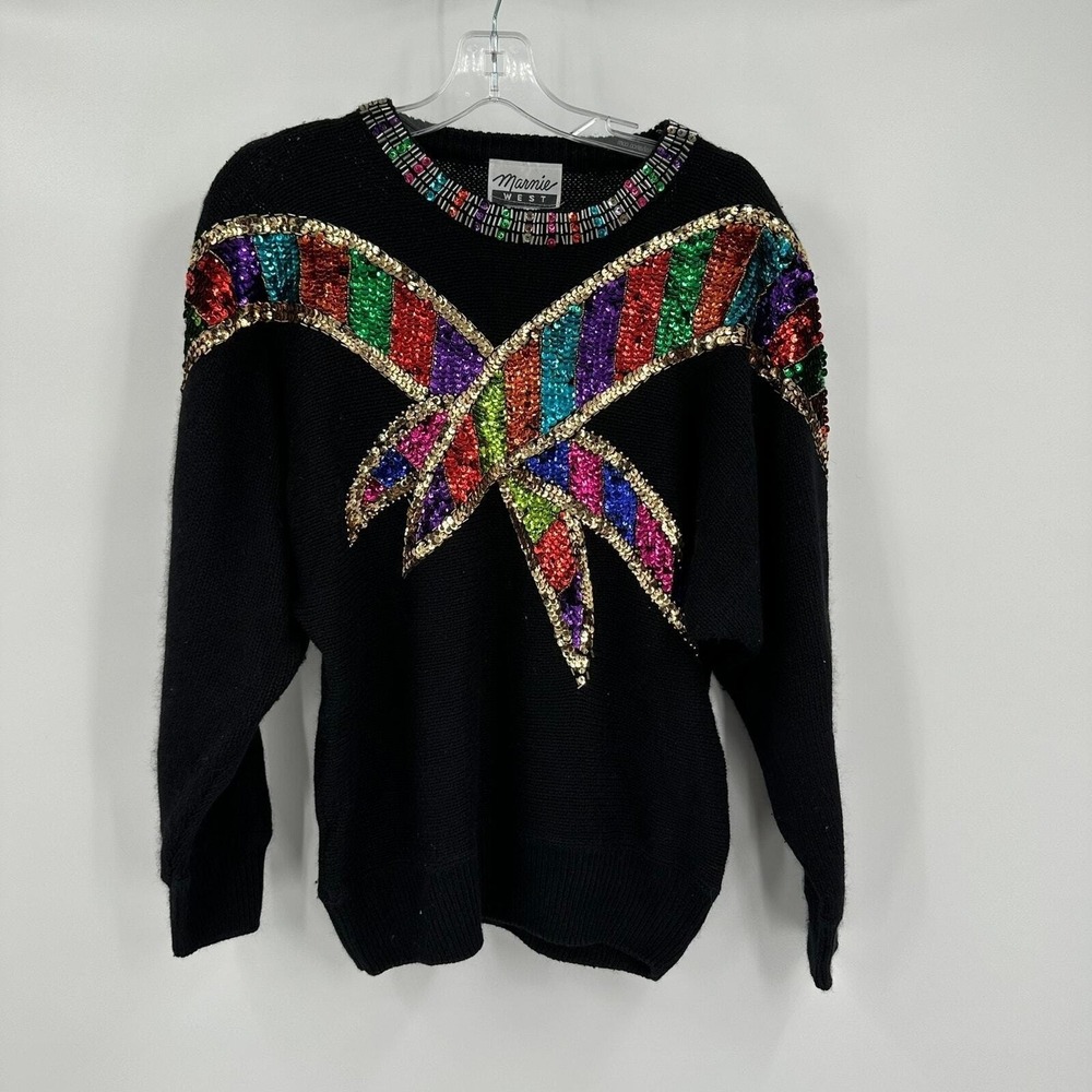 Womens Vintage Maximalist Sequin Bow Sweater Size L Art Deco Eclectic Indie 80s